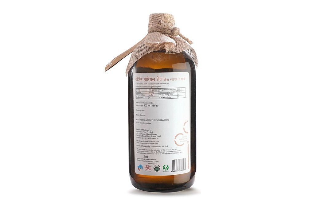 Conscious Food Virgin Coconut Oil Organic+Cold-Pressed   Glass Bottle  500 millilitre